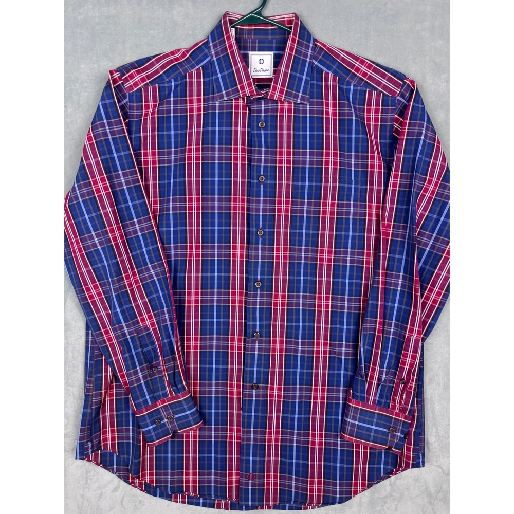 David Donahue Mens XL Blue Burgundy Plaid Cotton Long Sleeve Button Down Shirt